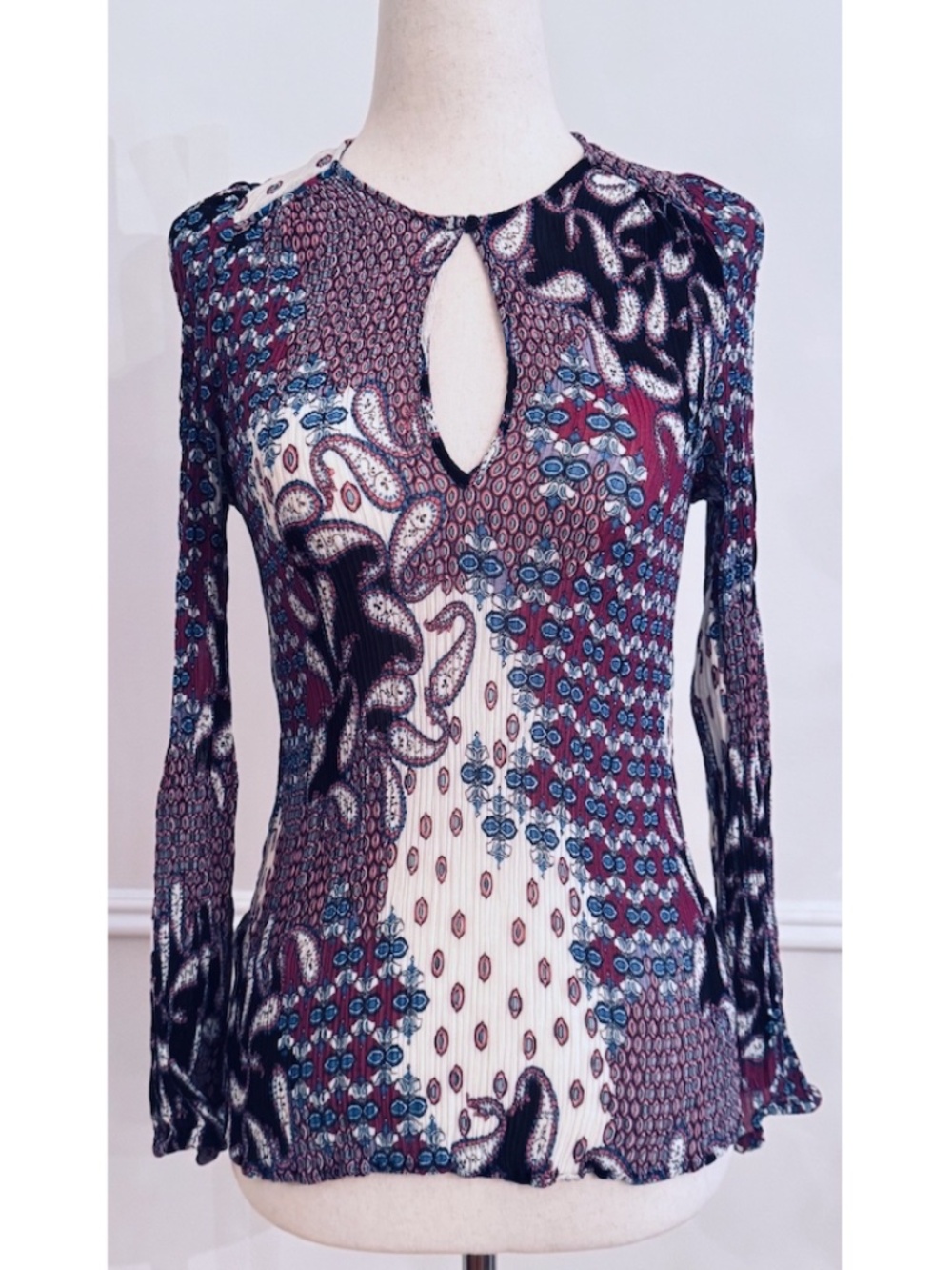 ba&sh Lady Shirt S Violet Paisley Silk Viscose Keyhole Neck Long Sleeve